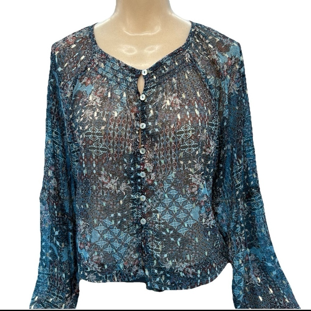 Haver London Women's Sheer Crop Top Blue Patterned with Gold Fleck Size Large